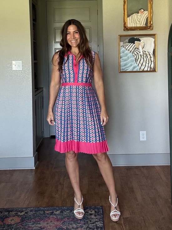 Modcloth Dresses & Skirts - ModCloth Chevron Print Pleated Hem Shirt Dress Pink Blue Retro Size Large
